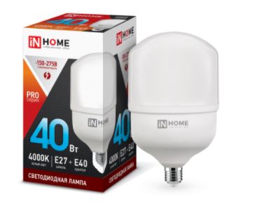 E27 40W 150-275VAC 4000K IN HOME 4690612031095 115x202mm лампа светодиодная (c переходом E40)