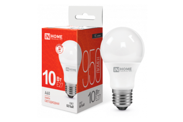 E27 10W 150-275VAC 6500K A60 IN HOME 4690612020228 лампа светодиодная