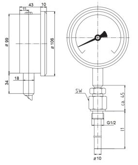 TG100-650G +50+650°С Ø100 G1/2R 100/10mm термометр виброустойчивый